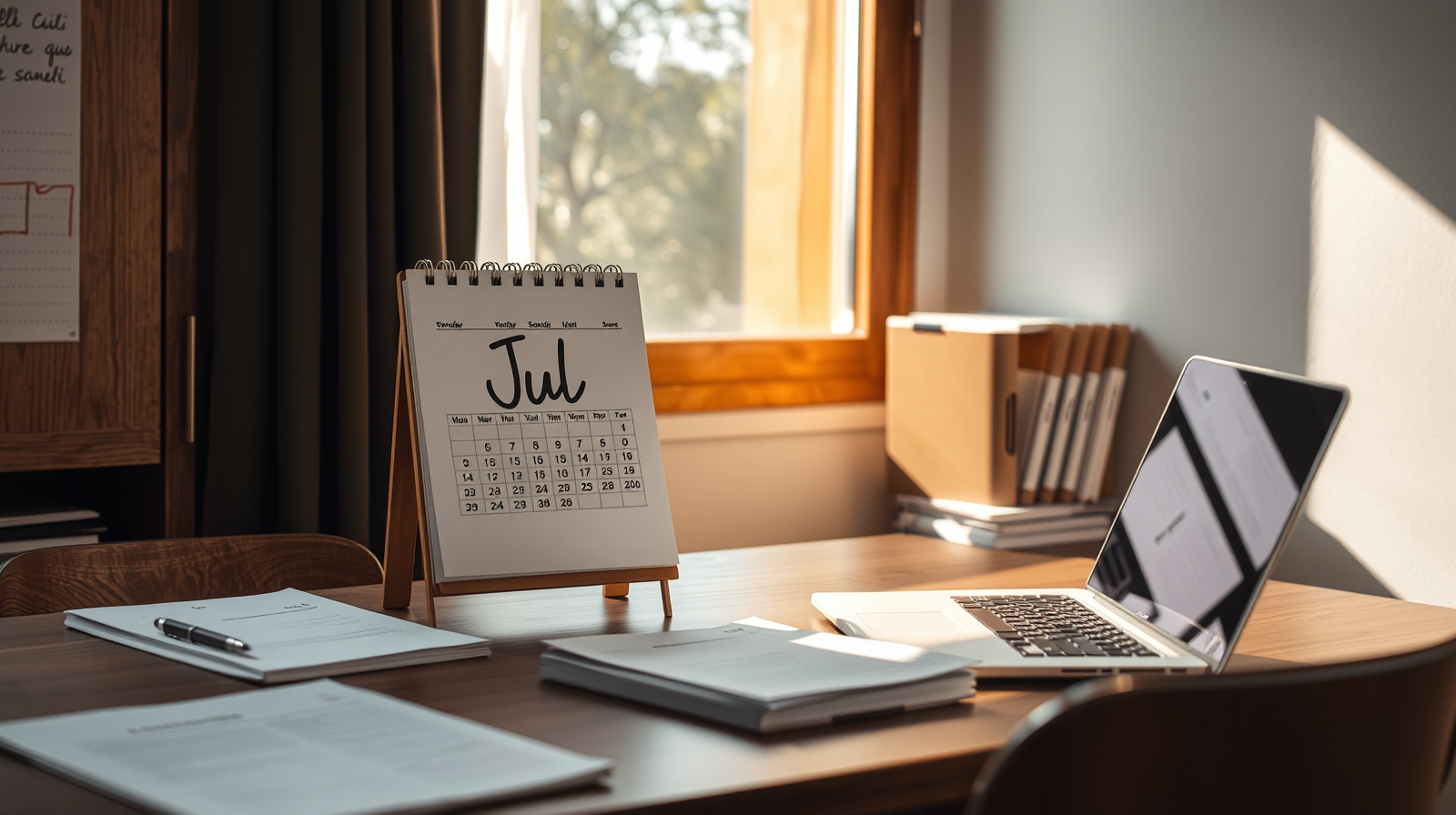 Scrivania di segreteria scolastica con calendario di luglio e modulistica, graduatorie provvisorie ATA personale tecnico amministrativo