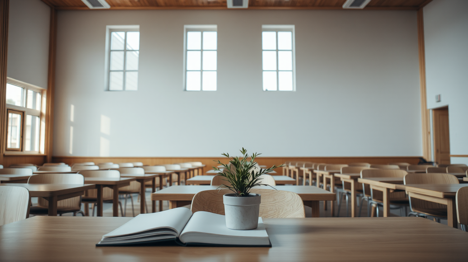 Aula studio luminosa con tavoli in legno e finestre, simbolo dei fondi per studentati ed edilizia scolastica