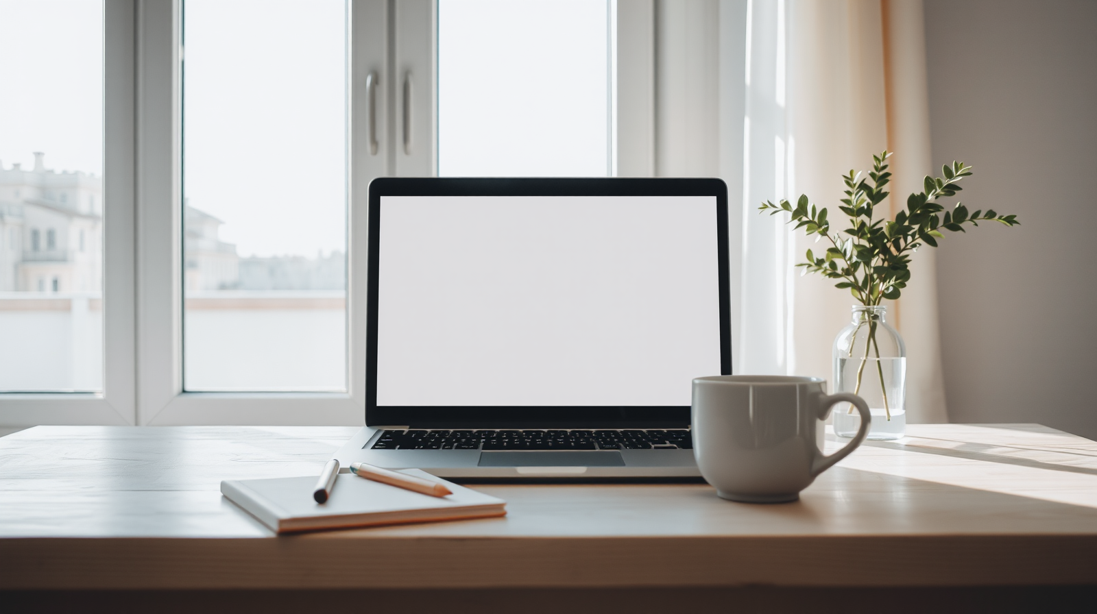 Laptop, quaderno e tazza su una scrivania luminosa vicino a una finestra, simbolo della didattica a distanza alla Federico II